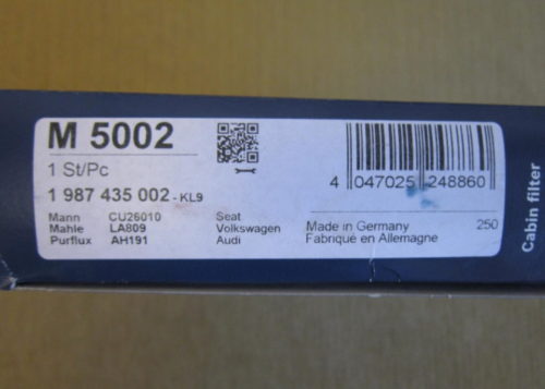 Штрих-код на упаковке с бумажным фильтром Bosch 1987435002 для седана Фольксваген Поло